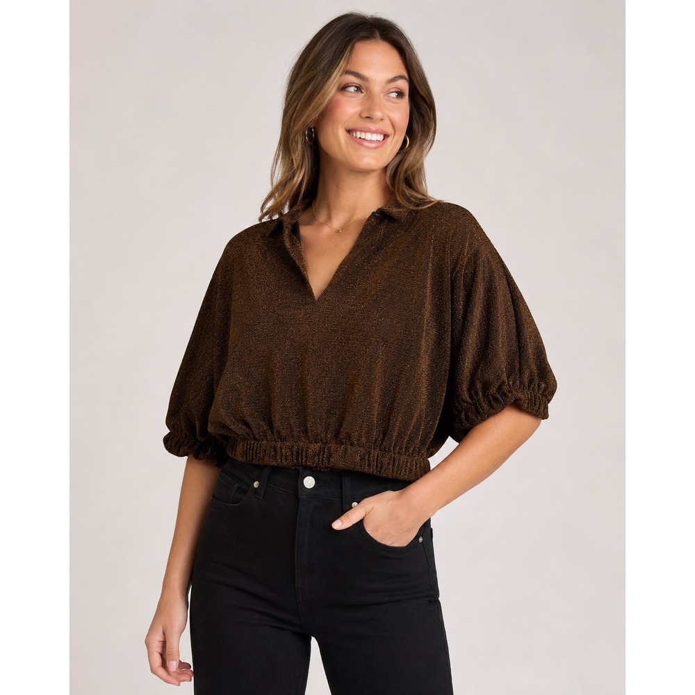 Emily McCarthy Poppy Crop Top Women Small Black Gold Metallic Puff Sleeve V-Neck